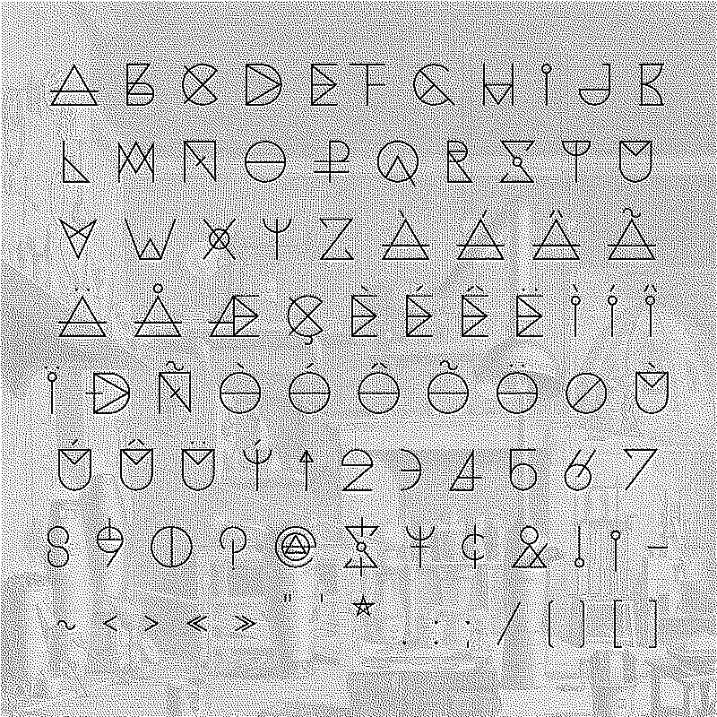 All characters of the typeface, resembling alchemical symbols