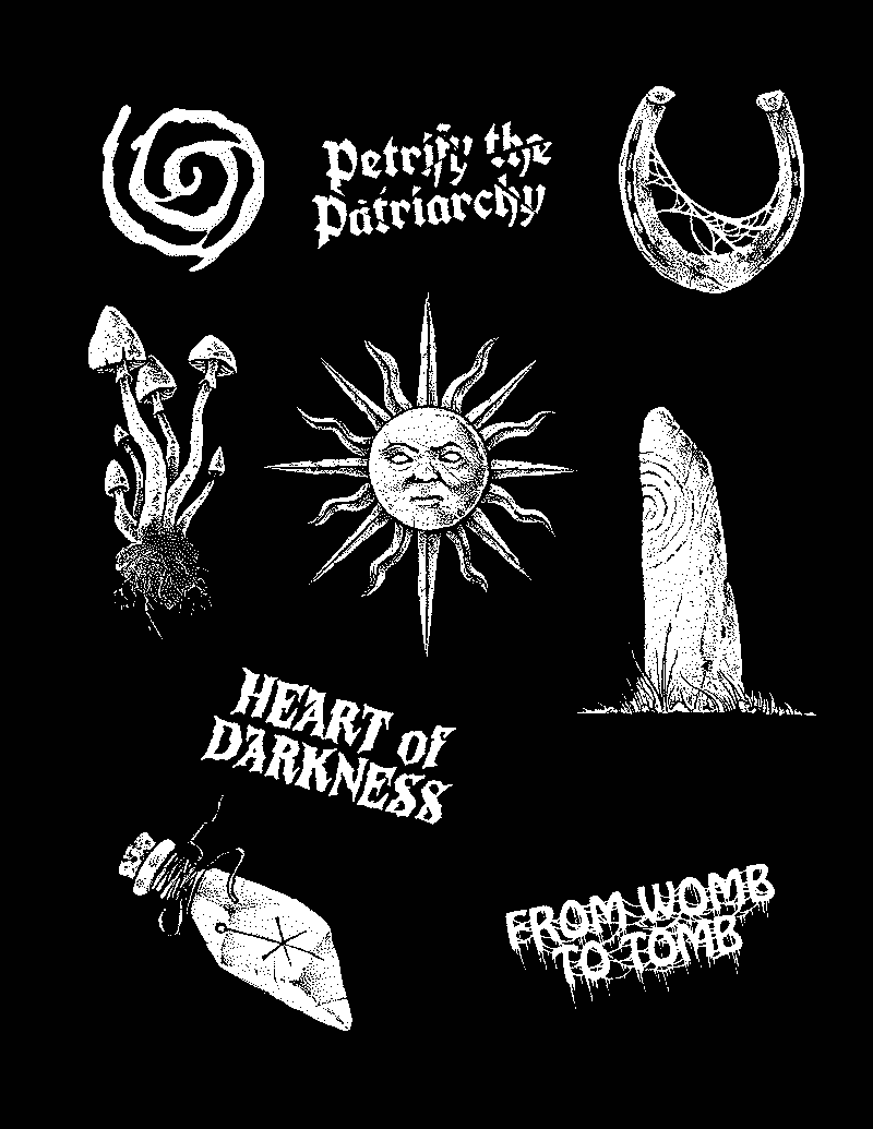 First flash sheet containing mushrooms, standing stones and a witch bottle