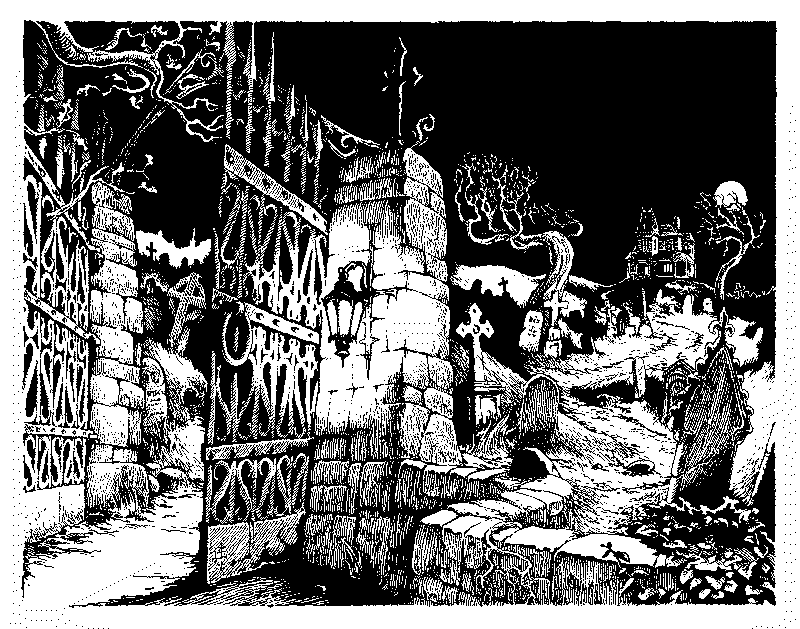 Pen and ink illustration of a cemetery with a large iron gate, a lantern on one of the gate pillars, plenty of tombstones in the distance and a victorian house in the distance