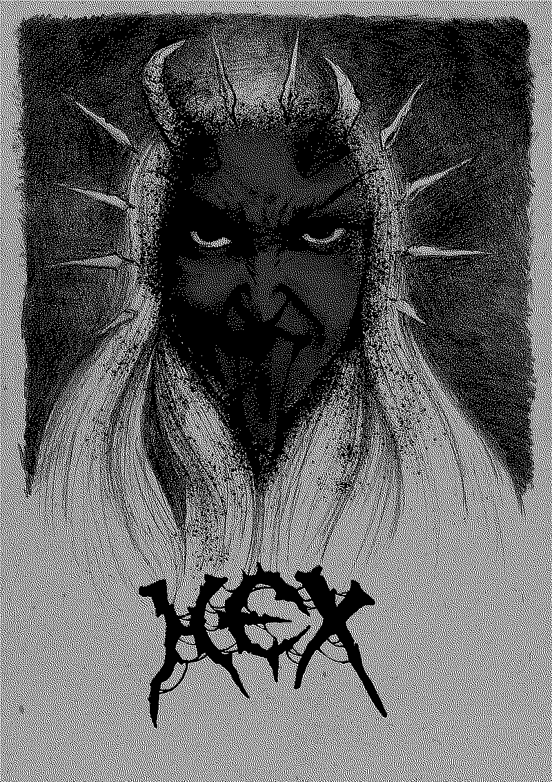 A demonic portrait of Hex with a long tongue, death stare and horns, surrounded by a crown of spikes with their name in black metal font at the bottom