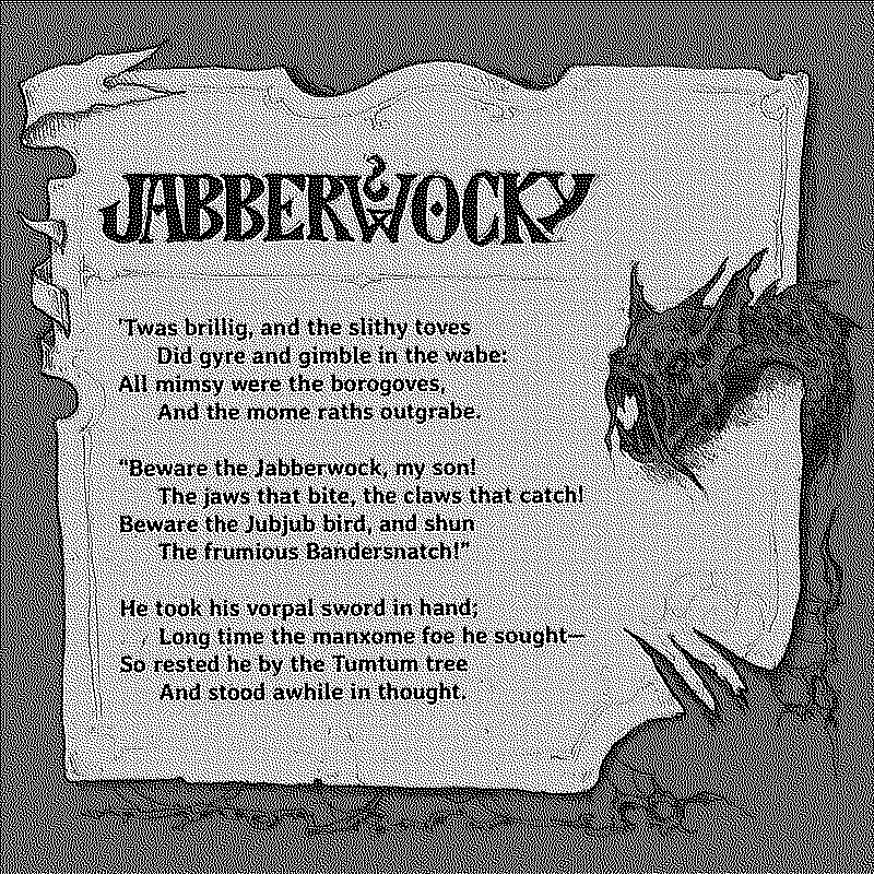 First page of the Jabberwocky poem with the head of the creature poking out