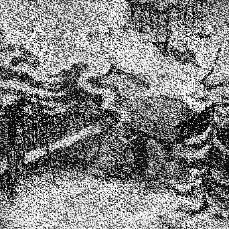 Painting of a cave in the snowy woods with smoke coming out of it and footprints leading into it