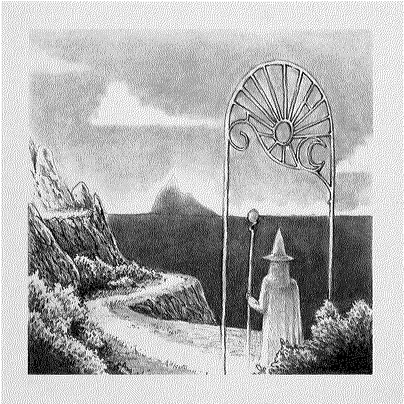 The wizard walking down a seaside path under an ornate arch