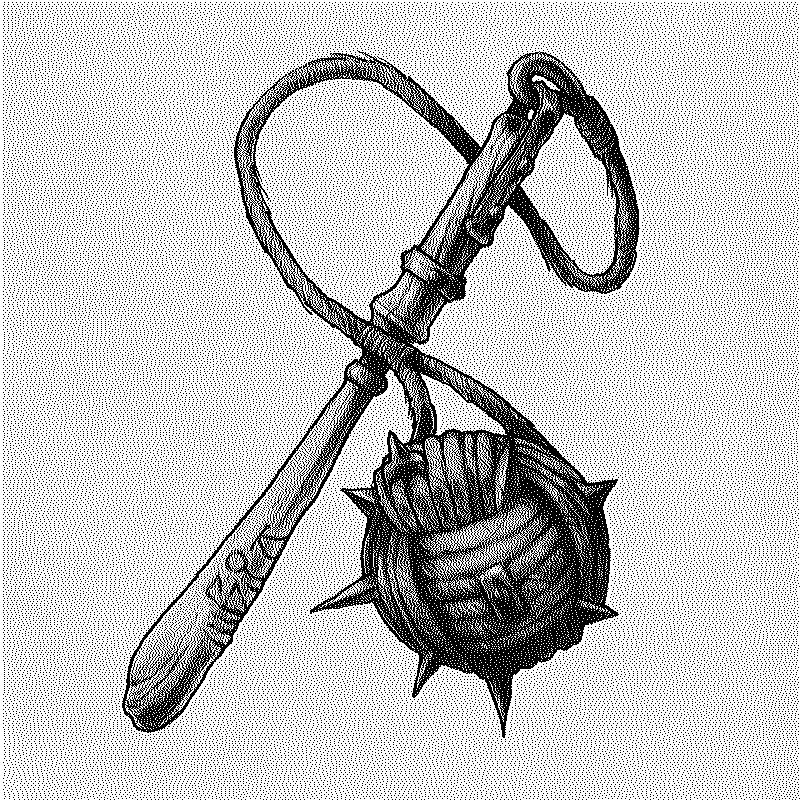 flail with wooden handle and head made out of a large knot of rope with spikes