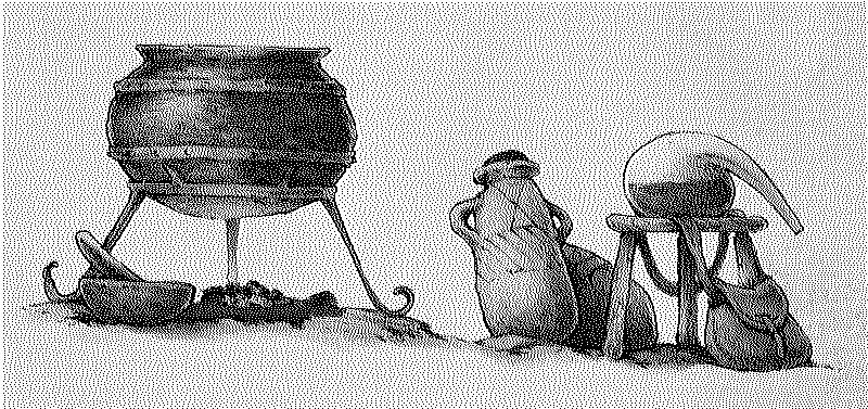 small scene with a cauldron over a fire, mortar and pestle, some clay jars and an alambic on a wooden stool with a leather bag leaning against it