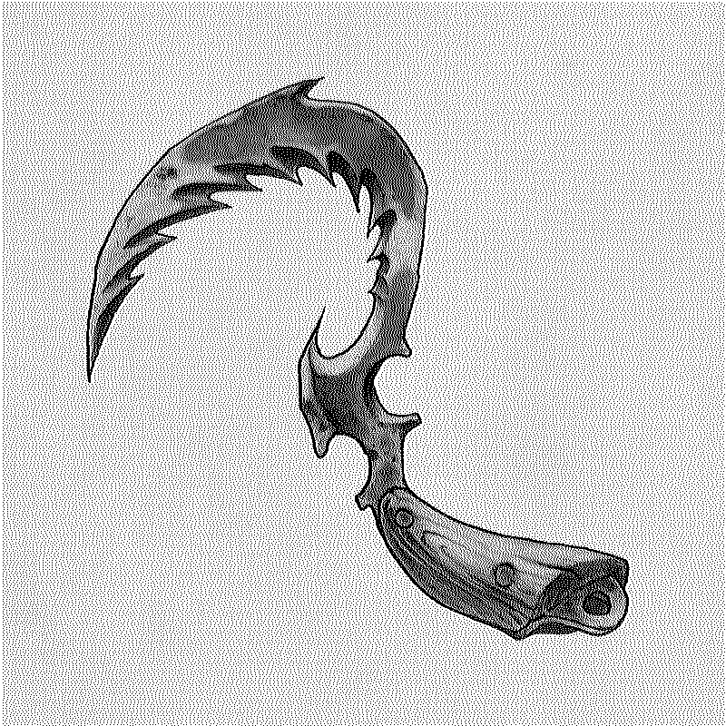 small scythe with a red serrated blade