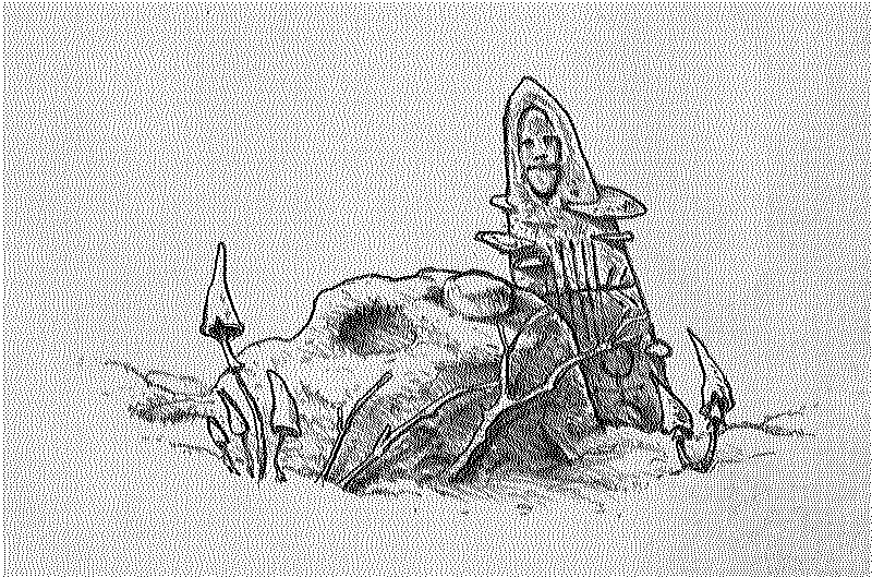 Large stone with divots holding smaller stones and large stave with humanoid design carved into it