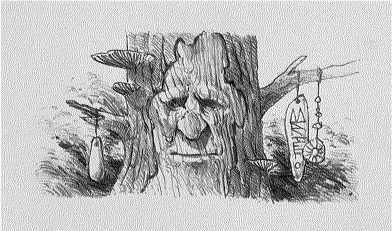 Tree with a face and carved staves hanging from its branches