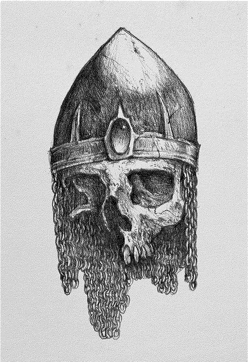Severed head of a skeleton warrior wearing a helmet