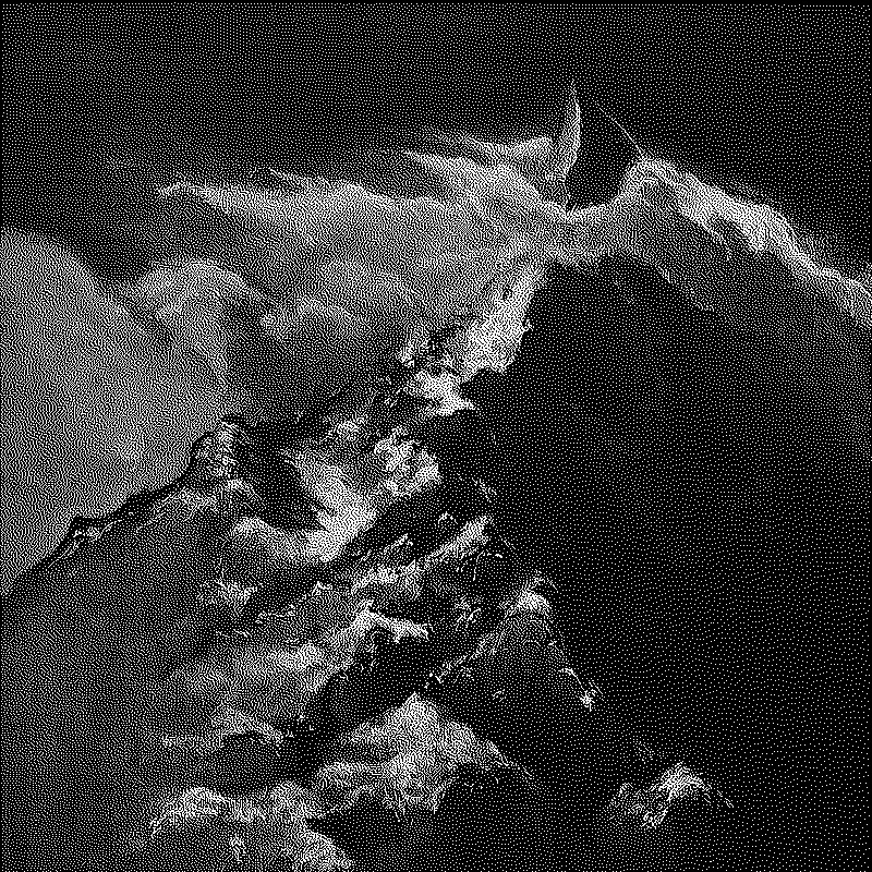 Painting of the snowy peak of a mountain lost in the clouds