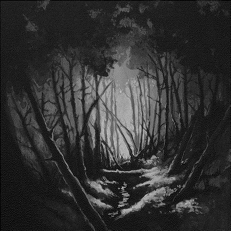 Painting of dense woods with a stream going through it, the background fading to fog